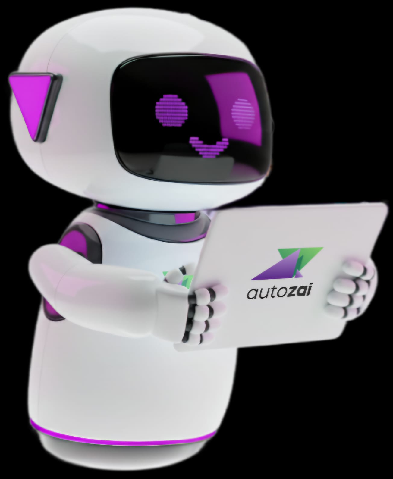 Mascote robô da autozai segurando um tablet com o logotipo da marca
