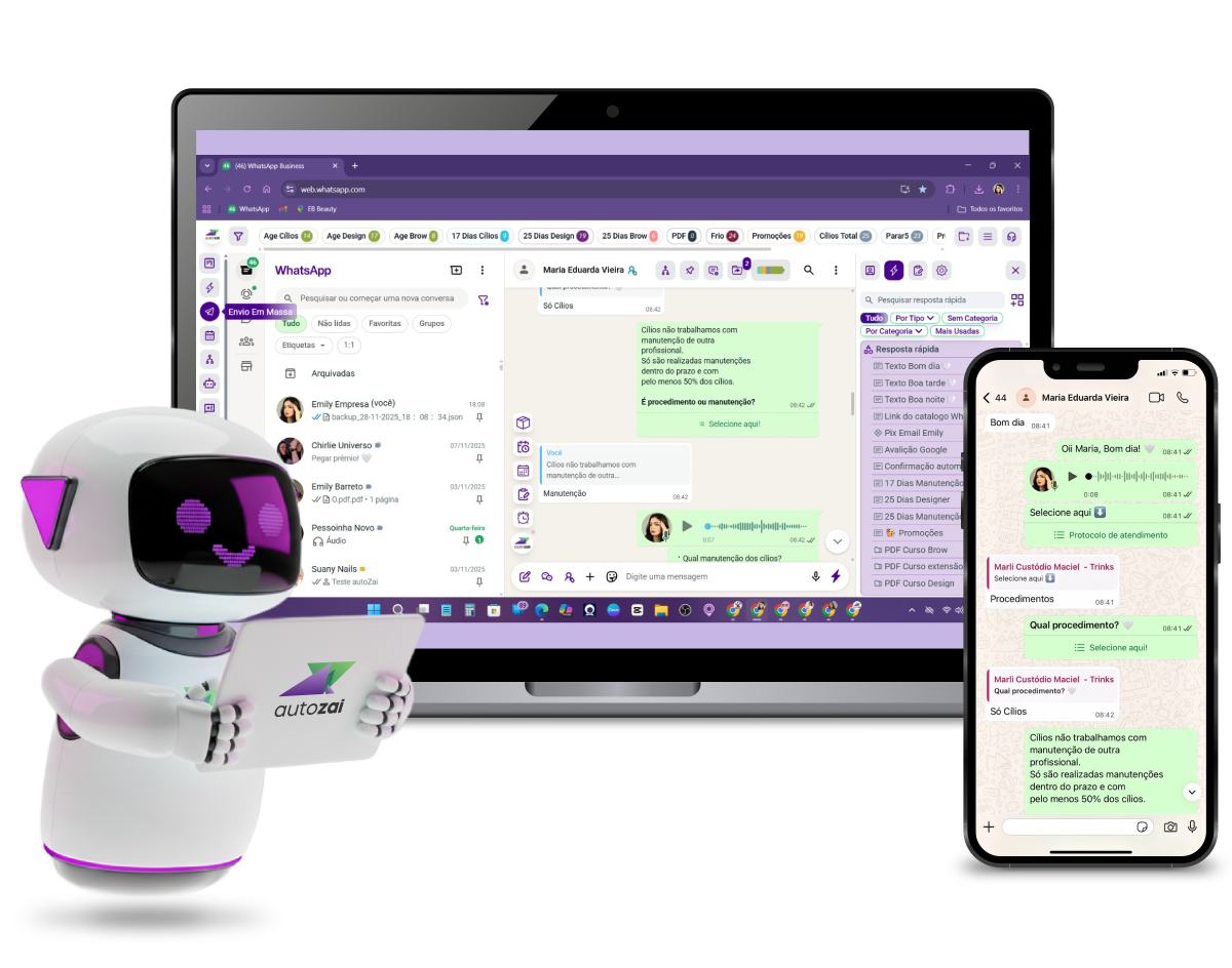 autozai funcionando dentro do WhatsApp Web em um notebook e em um smartphone, ao lado do mascote robô da autozai